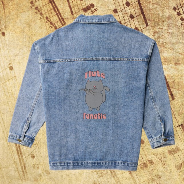 Flute Fanatic Gray Cat Pink Denim Jacket (A jean jacket with a gray cat playing the flute and the words flute fanatic in pink.)