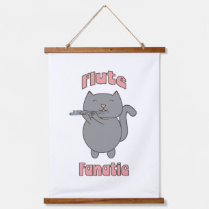 Flute Fanatic Gray Cat Pink Hanging Tapestry