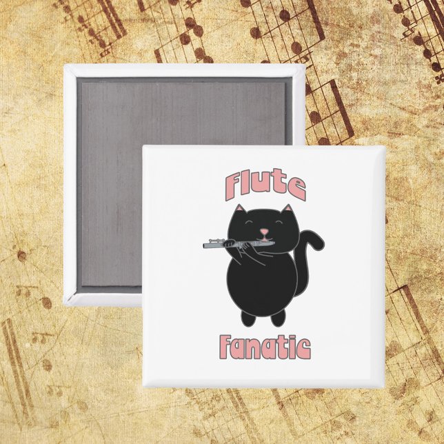 Flute Fanatic Instrument Black Cat Magnet (A magnet with a black cat playing the flute and the words Flute Fanatic in pink.)