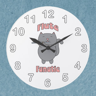 Flute Fanatic Music Grey Cat Large Clock