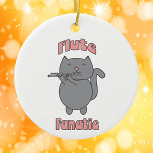 Flute Fanatic Musical Gray Cat Pink Ceramic Ornament