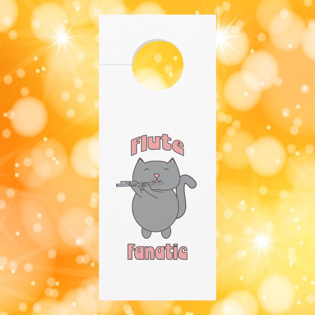 Flute Fanatic Pink Gray Cat Door Hanger (A door hanger with a gray flute playing cat and the text Flute Fanatic.)
