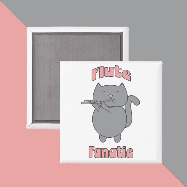 Flute Fanatic Pink Gray Cat Magnet (A magnet with a gray flute playing cat that says flute fanatic)