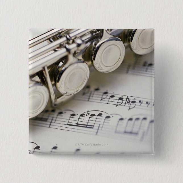 Flute on Sheet Music 2 Inch Square Button (Front)