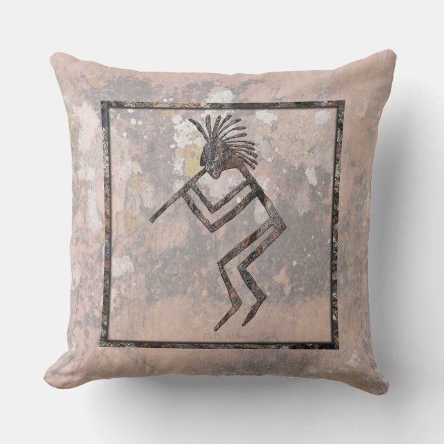 Flute Player Petroglyph Talking Canyons, New Mexic Throw Pillow (Front)