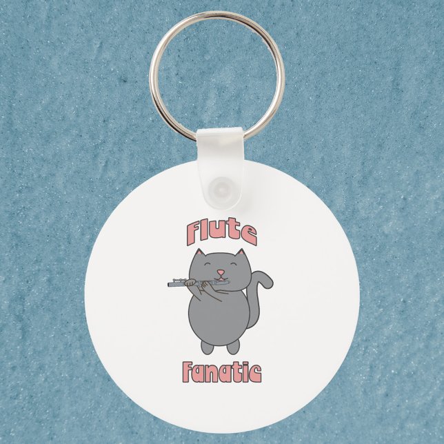 Flute Playing Grey Cat Funny Musician Keychain (A key chain featuring a flute playing gray cat with the words flute fanatic in pink.)