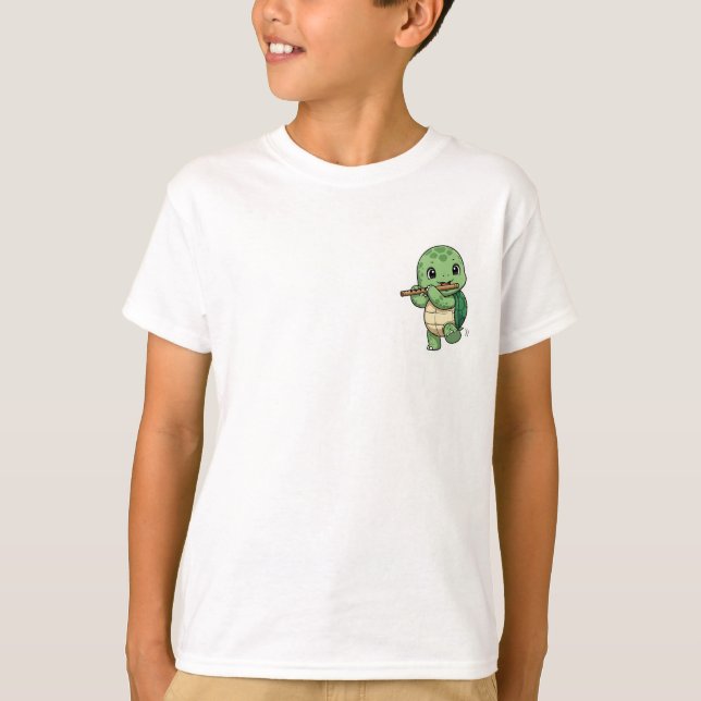 Flute Playing Happy Dancing Turtle Kids T-Shirt (Front)
