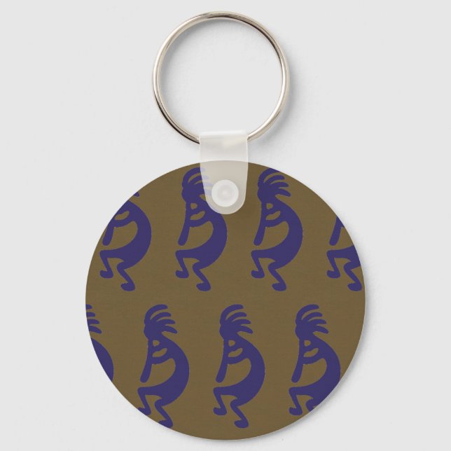 Flute Playing Kokopelli - Blue on Green Keychain (Front)
