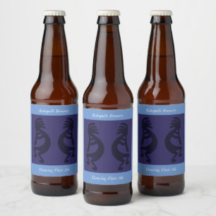 Flute Playing Kokopelli Figure - Black on Blue Beer Bottle Label