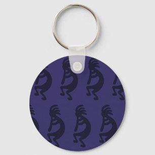 Flute Playing Kokopelli Figure - Black on Blue Keychain