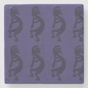 Flute Playing Kokopelli Figure - Black on Blue Stone Coaster