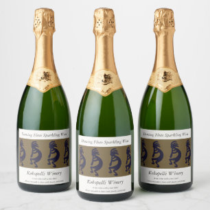 Flute Playing Kokopelli Figure - Black on Green Sparkling Wine Label