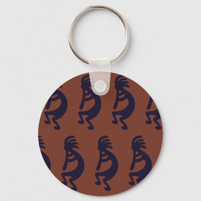 Flute Playing Kokopelli Figure, Black on Rust Red Keychain (Front)
