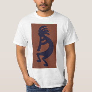 Flute Playing Kokopelli Figure, Black on Rust Red T-Shirt