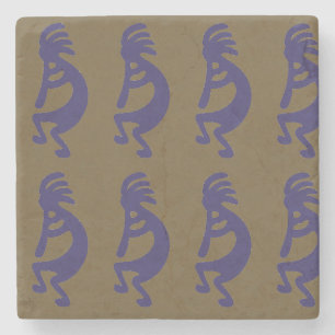 Flute Playing Kokopelli Figure - Blue on Green Stone Coaster