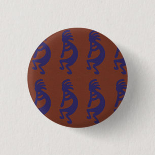 Flute Playing Kokopelli Figure - Blue on Rust Red  1 Inch Round Button