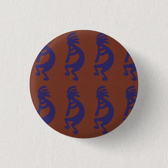 Flute Playing Kokopelli Figure - Blue on Rust Red  1 Inch Round Button (Front)