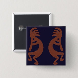Flute Playing Kokopelli Figure - Blue on Rust Red 2 Inch Square Button