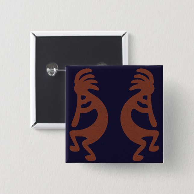 Flute Playing Kokopelli Figure - Blue on Rust Red  2 Inch Square Button (Front & Back)