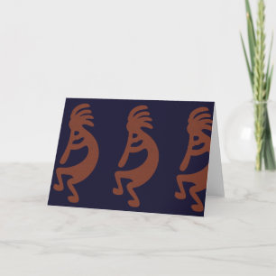 Flute Playing Kokopelli Figure - Blue on Rust Red  Card