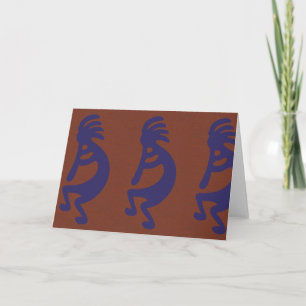 Flute Playing Kokopelli Figure - Blue on Rust Red  Card