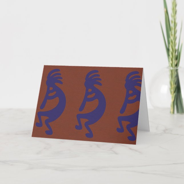 Flute Playing Kokopelli Figure - Blue on Rust Red  Card (Front)