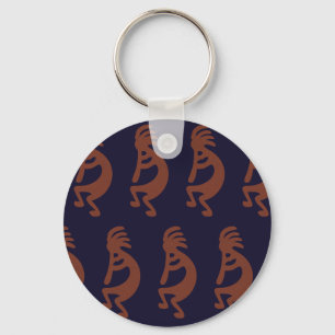 Flute Playing Kokopelli Figure - Blue on Rust Red Keychain