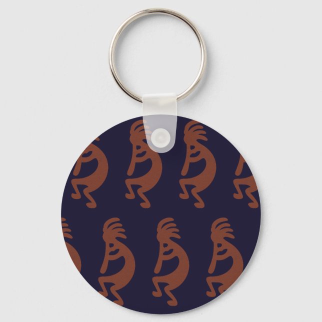 Flute Playing Kokopelli Figure - Blue on Rust Red  Keychain (Front)