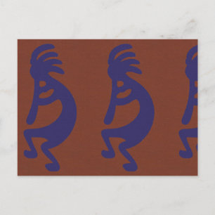Flute Playing Kokopelli Figure - Blue on Rust Red Postcard