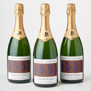 Flute Playing Kokopelli Figure - Blue on Rust Red Sparkling Wine Label
