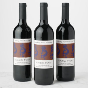 Flute Playing Kokopelli Figure - Blue on Rust Red Wine Label