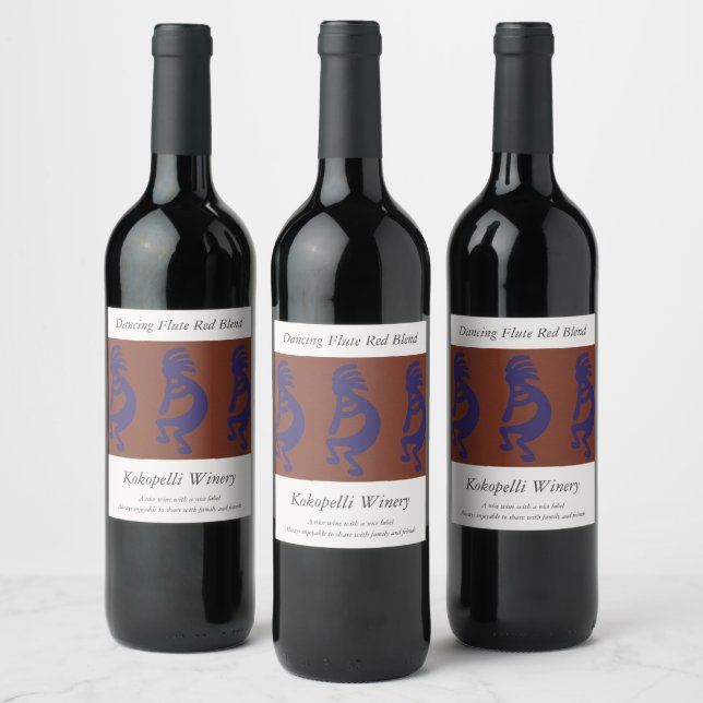 Flute Playing Kokopelli Figure - Blue on Rust Red  Wine Label (Bottles)