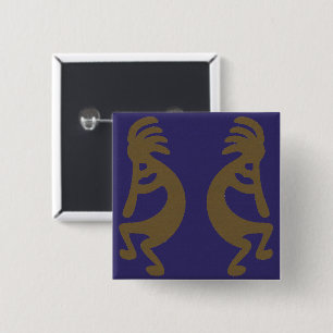 Flute Playing Kokopelli Figure - Green on Blue 2 Inch Square Button