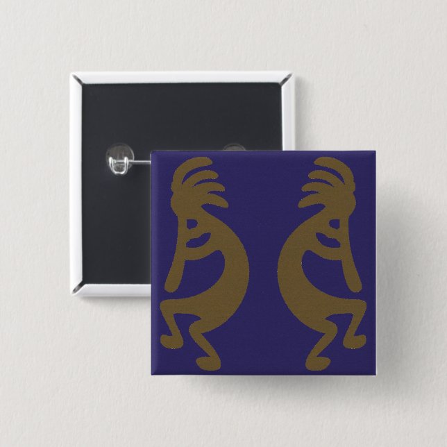Flute Playing Kokopelli Figure - Green on Blue 2 Inch Square Button (Front & Back)