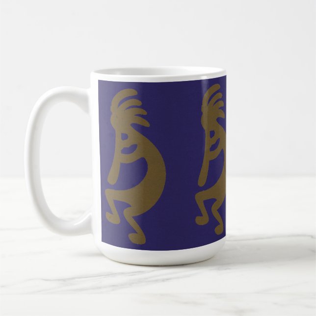 Flute Playing Kokopelli Figure - Green on Blue Coffee Mug (Left)