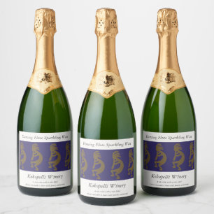 Flute Playing Kokopelli Figure - Green on Blue Sparkling Wine Label