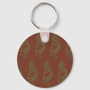 Flute Playing Kokopelli Figure, Green on Rust Red Keychain