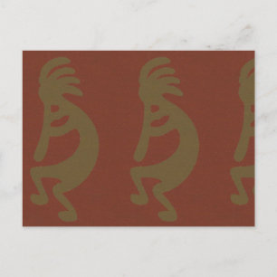 Flute Playing Kokopelli Figure, Green on Rust Red Postcard