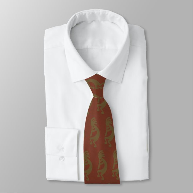 Flute Playing Kokopelli Figure, Green on Rust Red Tie (Tied)
