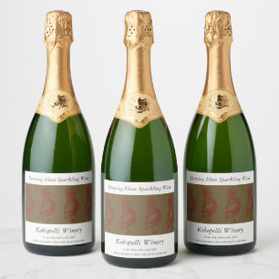 Flute Playing Kokopelli Figure - Red on Green Sparkling Wine Label