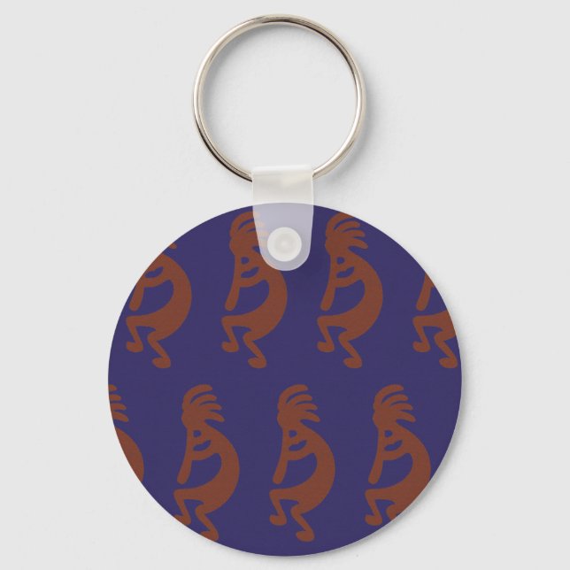 Flute Playing Kokopelli Figure - Rust Red on Blue Keychain (Front)