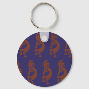 Flute Playing Kokopelli Figure - Rust Red on Blue Keychain