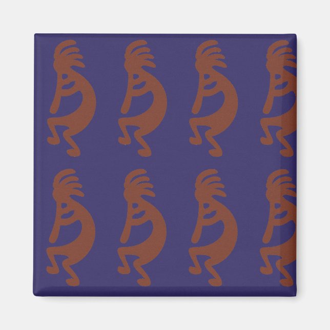 Flute Playing Kokopelli Figure - Rust Red on Blue Magnet (Front)