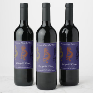 Flute Playing Kokopelli Figures on Blue Background Wine Label