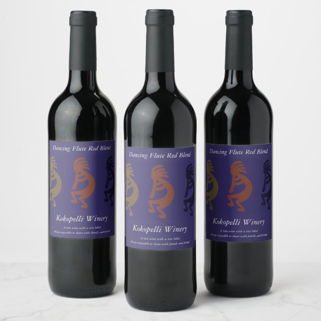 Flute Playing Kokopelli Figures on Blue Background Wine Label (Bottles)