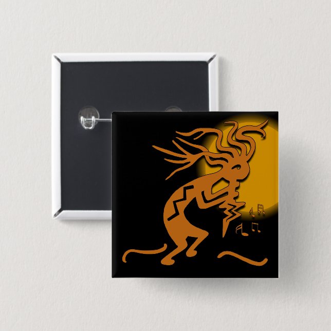 Flute Playing Kokopelli Merrymaker Musician 2 Inch Square Button (Front & Back)