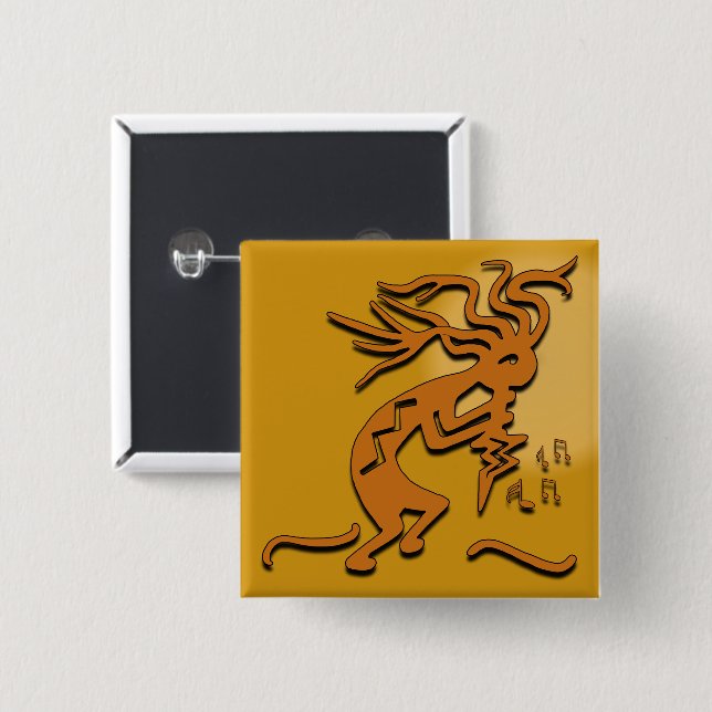 Flute Playing Kokopelli MerrymakerMusician 2 Inch Square Button (Front & Back)
