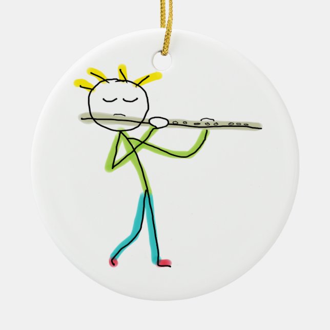 Flute Playing Stickman Ceramic Ornament (Front)