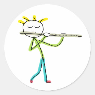 Flute Playing Stickman Classic Round Sticker