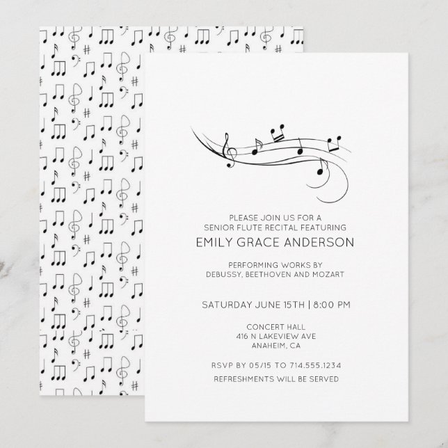 Flute Recital Musical Notes Black & White Invitation (Front/Back)